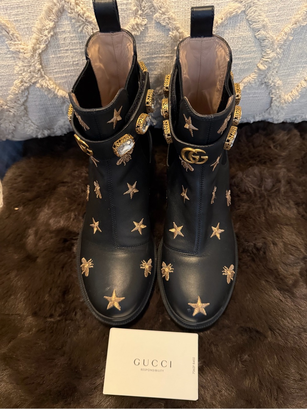 Gucci Black Leather Ankle Boots with Gold Star & Bee Embroidery